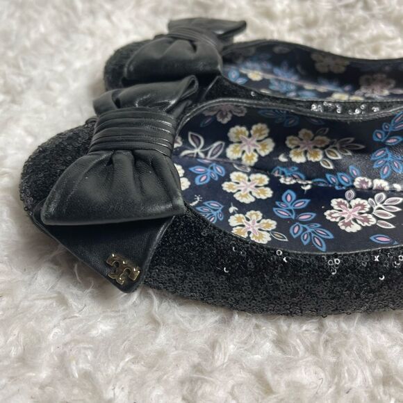 Tory Burch Divine Bow  black Sequin Leather Flats with front bow accent Size 11 - Picture 5 of 10